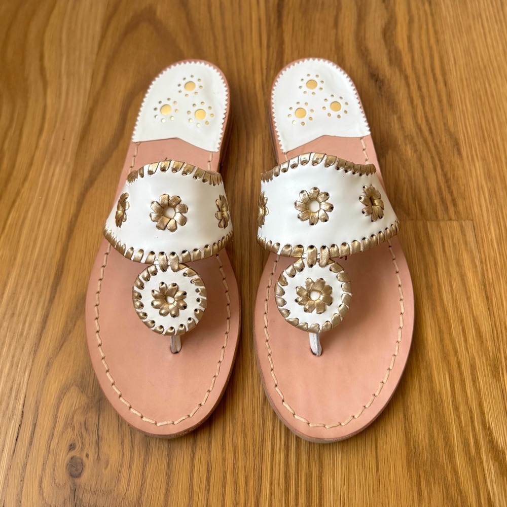 Jack Rogers Nantucket White & Gold Leather Sandal, Women's 5 - NWT/NWB